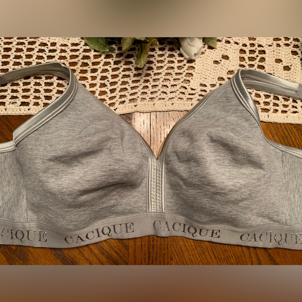 Cacique 42C Sports Bra, no wires, no padding, very comfortable.